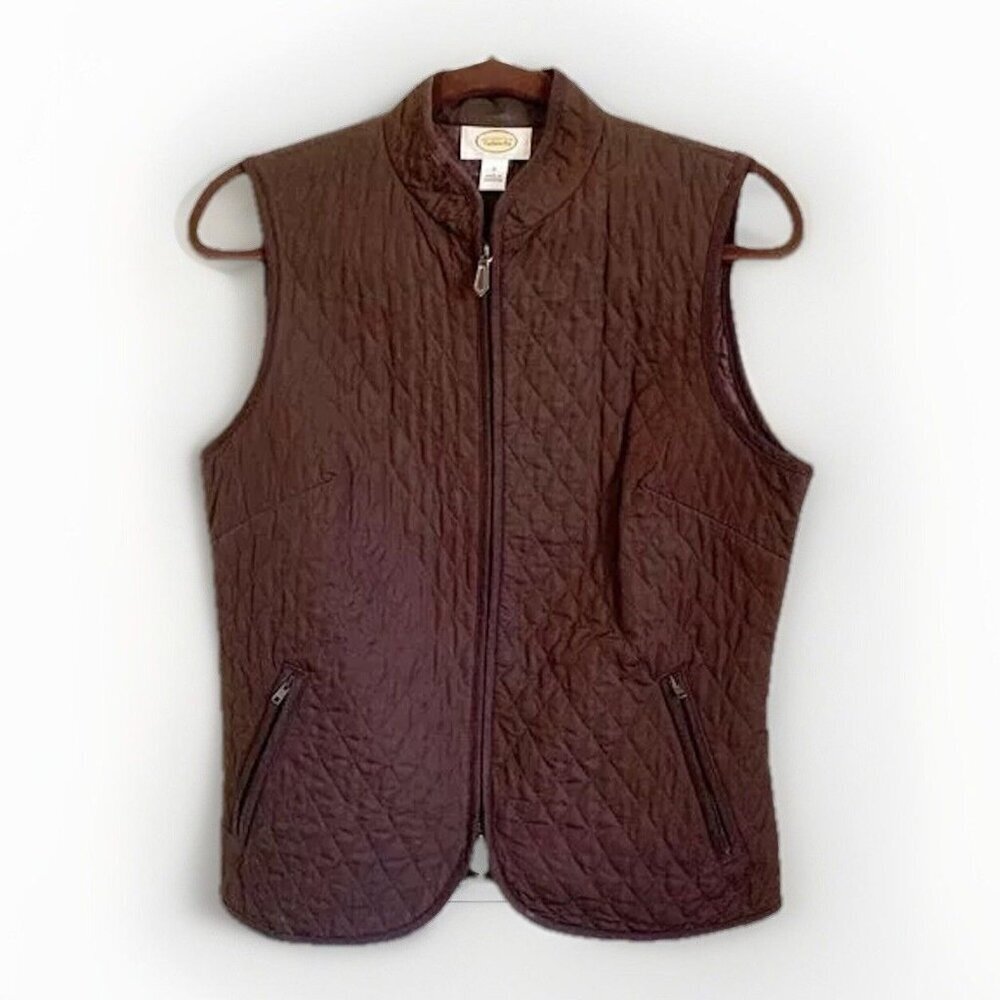 Talbots Women Quilted Vest Jacket Small Brown Zip Pocket Minimalist Full Zip